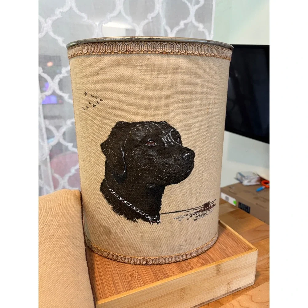 Vintage Black Labrador Dog Wastebasket and Pillow Set Burlap Style Home Decor
